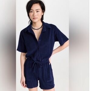Monrow Terry Cloth Romper Navy Blue Button Front Drawstring Waist Womens Size M